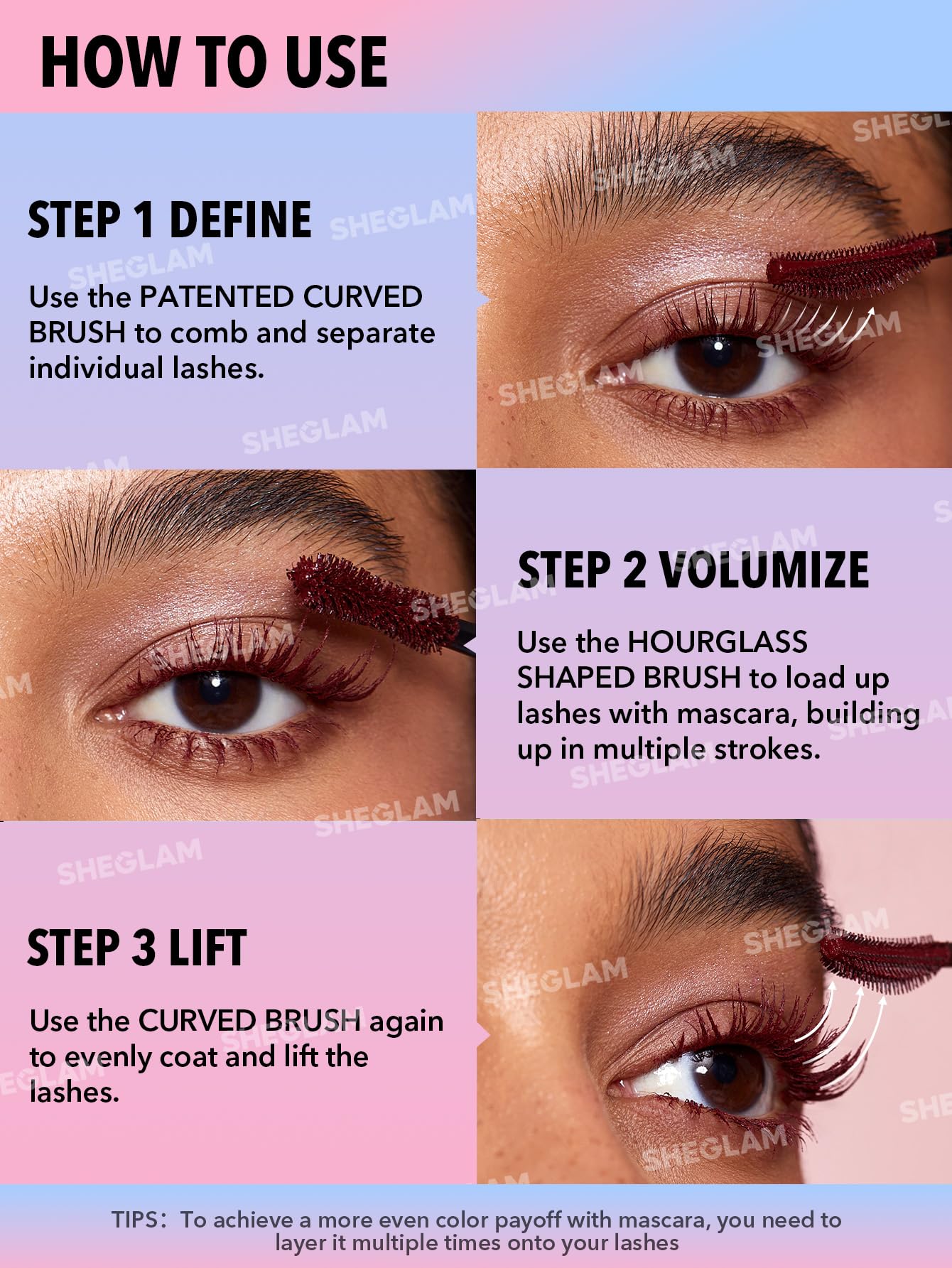 SHEGLAM mascara applied on lashes emphasizes definition and layering potential.