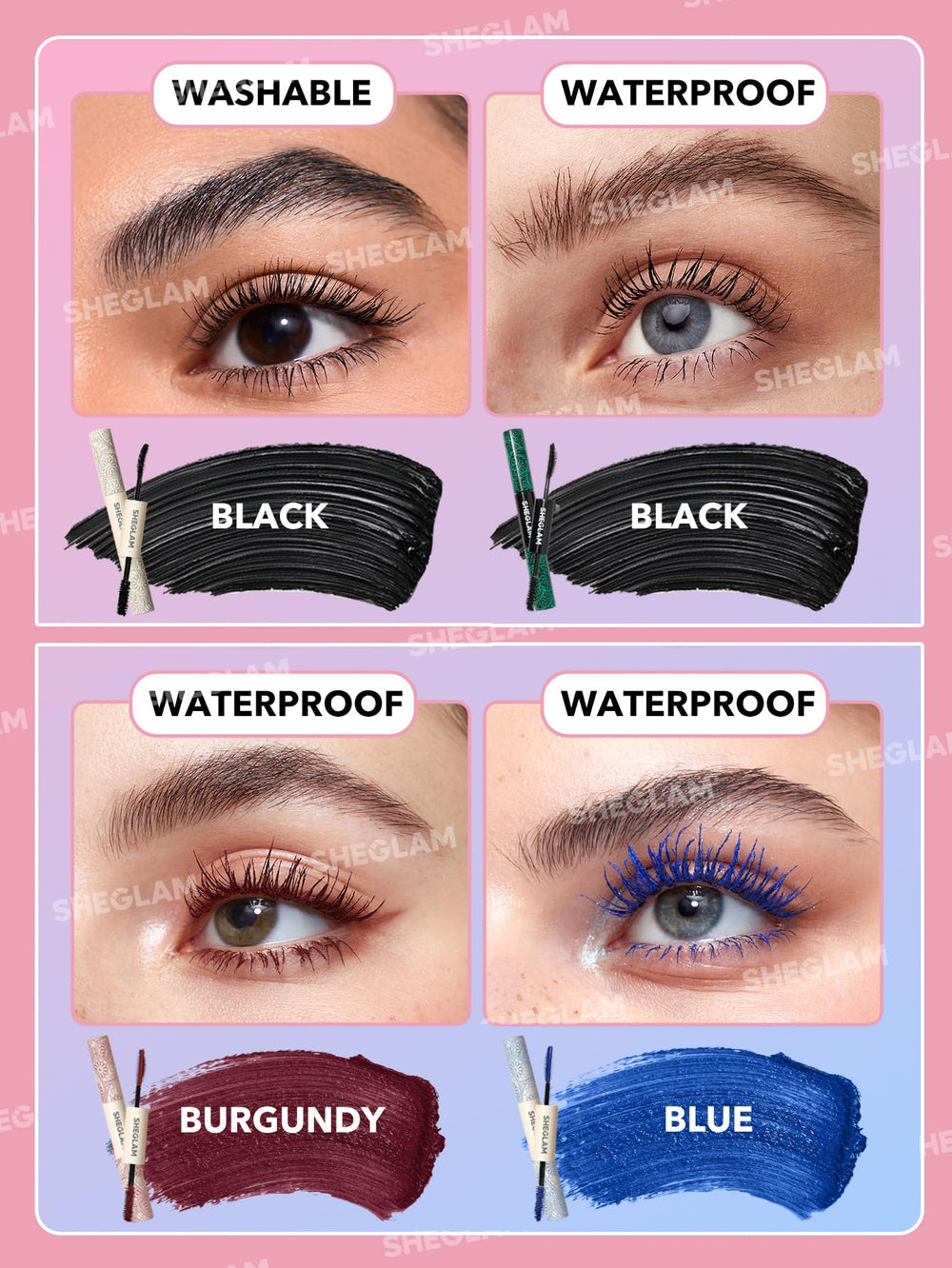 SHEGLAM burgundy waterproof-wear shot communicates durable, smudge-resistant finish.