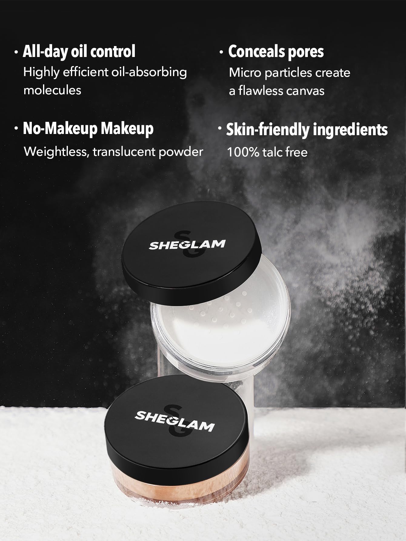 SHEGLAM aplicado con brocha absorbe grasa para un rostro mate.