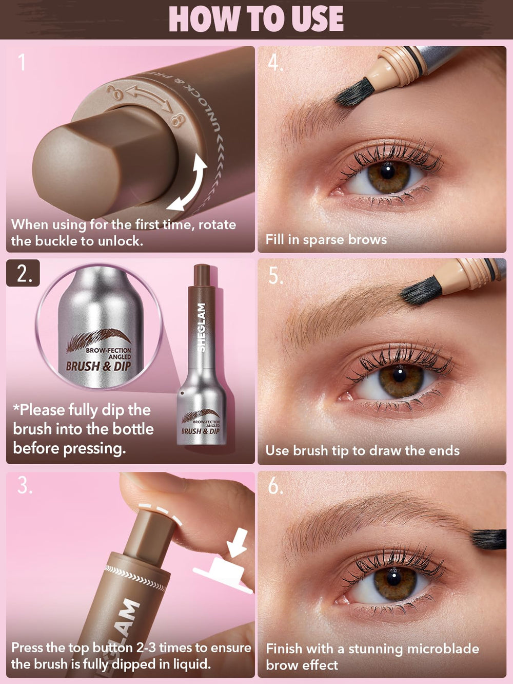 SHEGLAM Brow-Fection packaging and application guide for daily use.