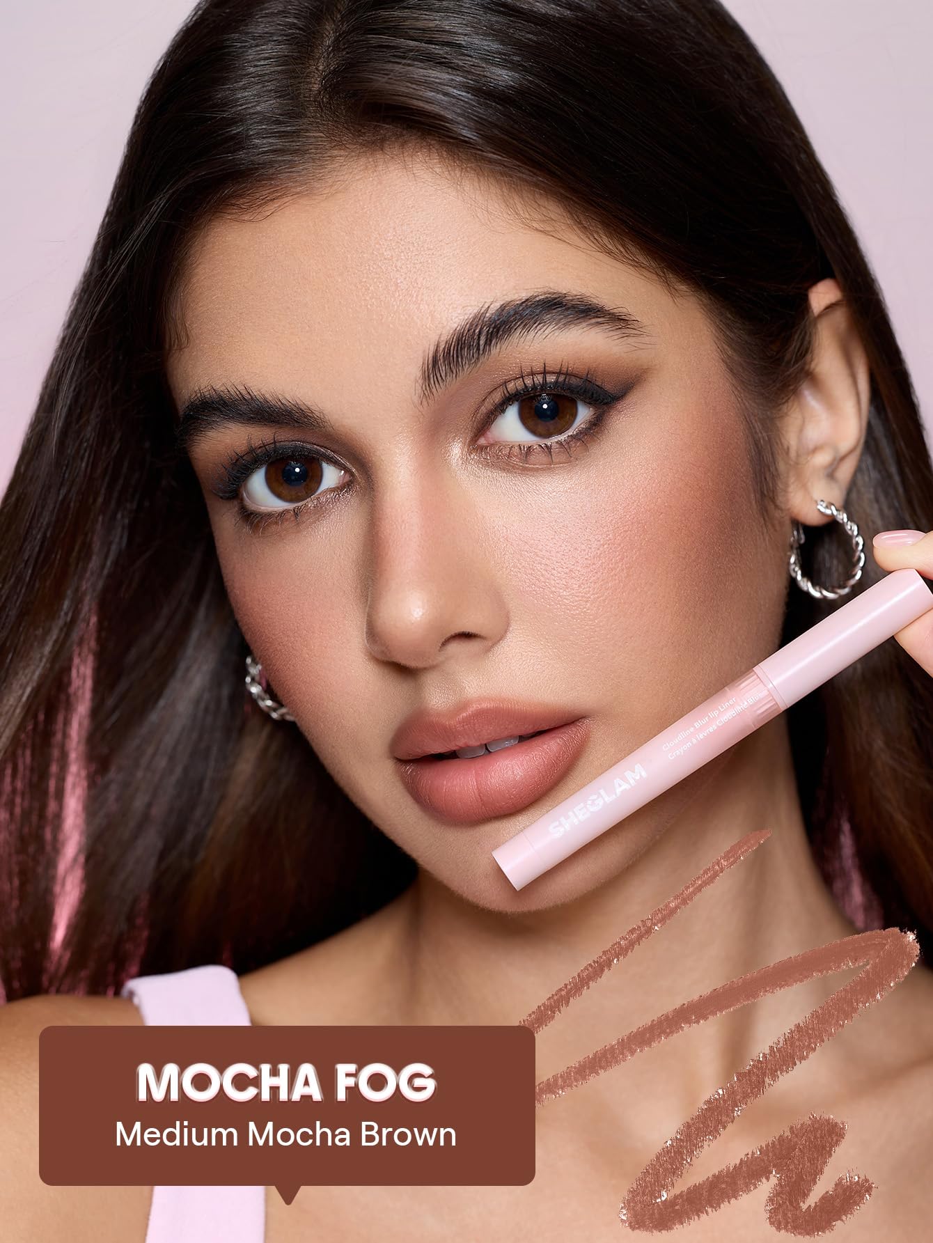 SHEGLAM Cloudline Blur Lip Liner Mocha Fog applied on lips for precise definition.