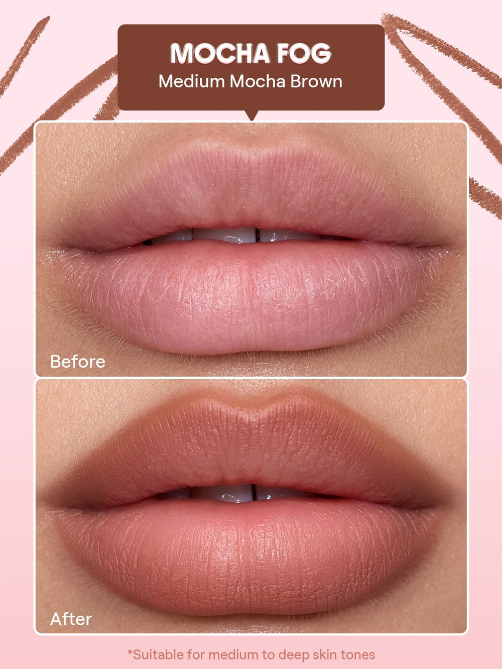 SHEGLAM Cloudline Blur Lip Liner Mocha Fog swatches on skin show long-lasting shade.