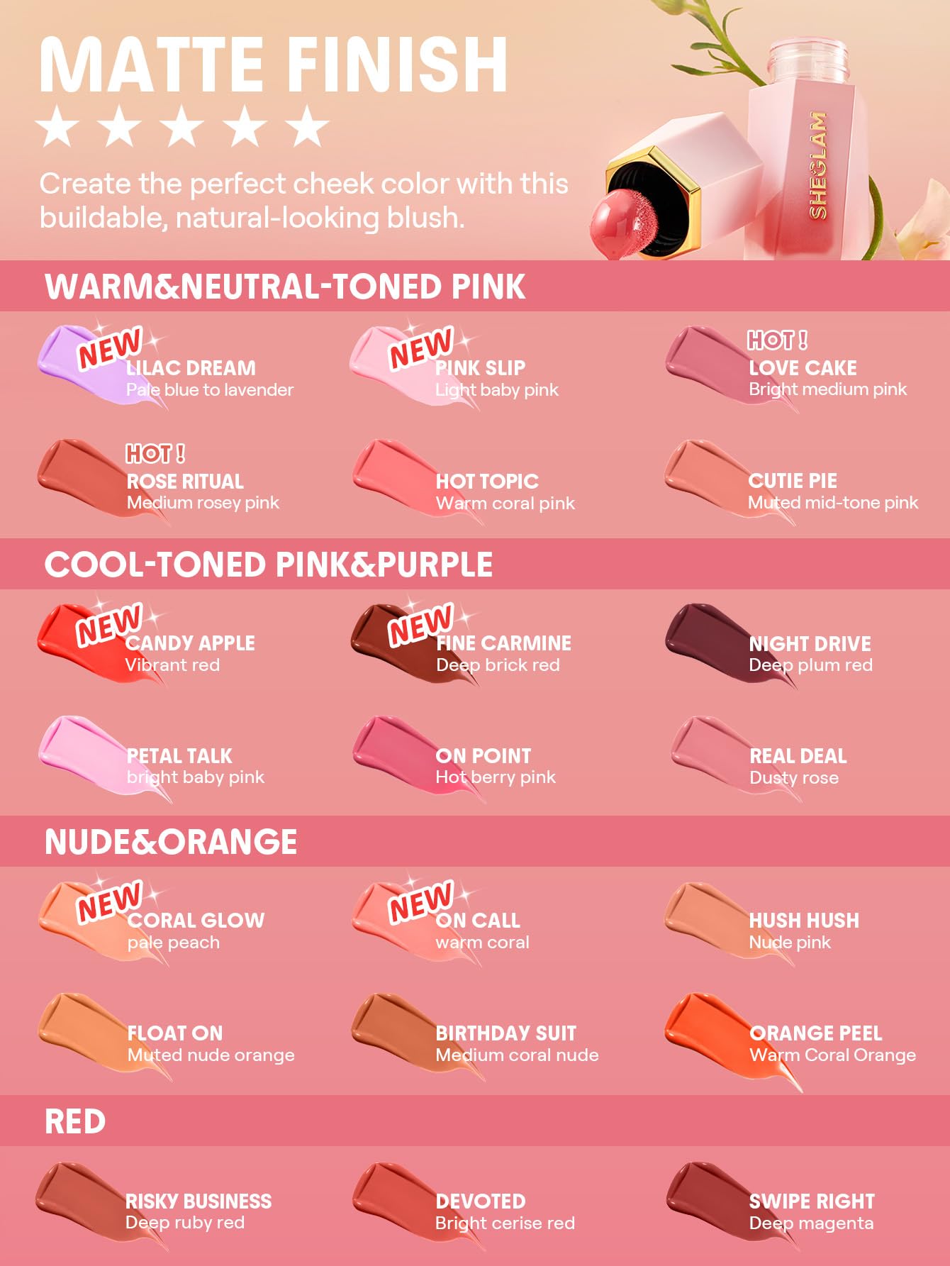 SHEGLAM Color Bloom Liquid Blush fine carmine shade on cheek for soft color.