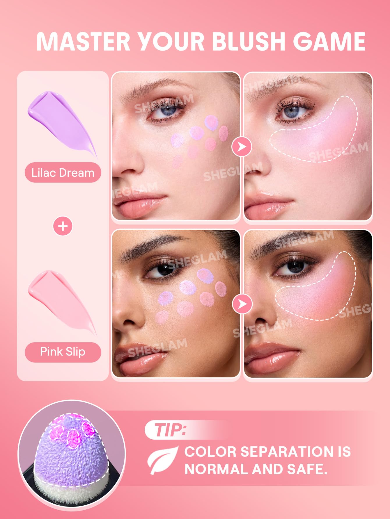 SHEGLAM Color Bloom Lilac Dream applicator delivering precise, mess-free application.