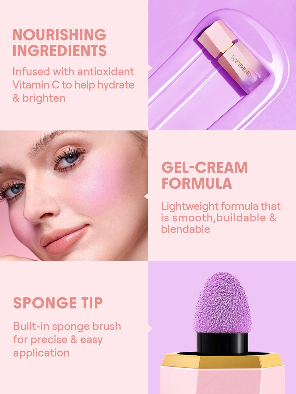 Swatches of SHEGLAM Color Bloom Liquid Blush Lilac Dream showing buildable tint.