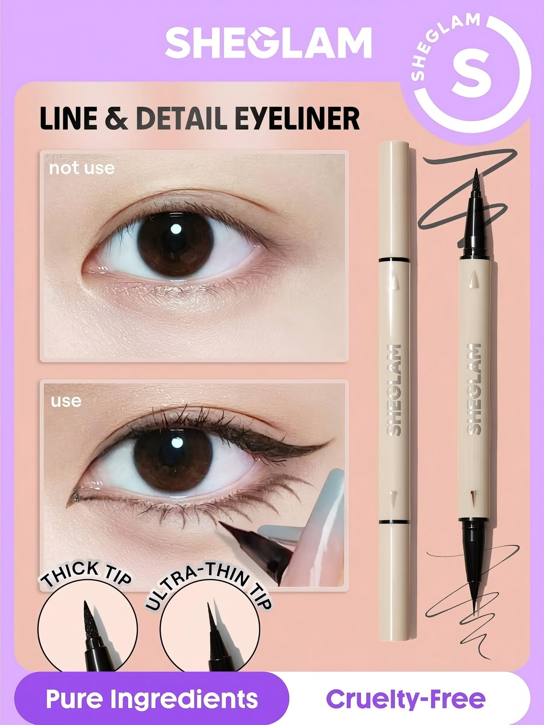 SHEGLAM delineador de doble cabeza negro para trazos precisos y rápidos.