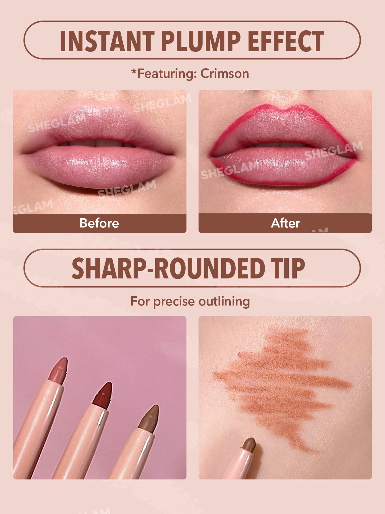 SHEGLAM delineador-labial-cremoso-mate con 14 tonos para múltiples looks.