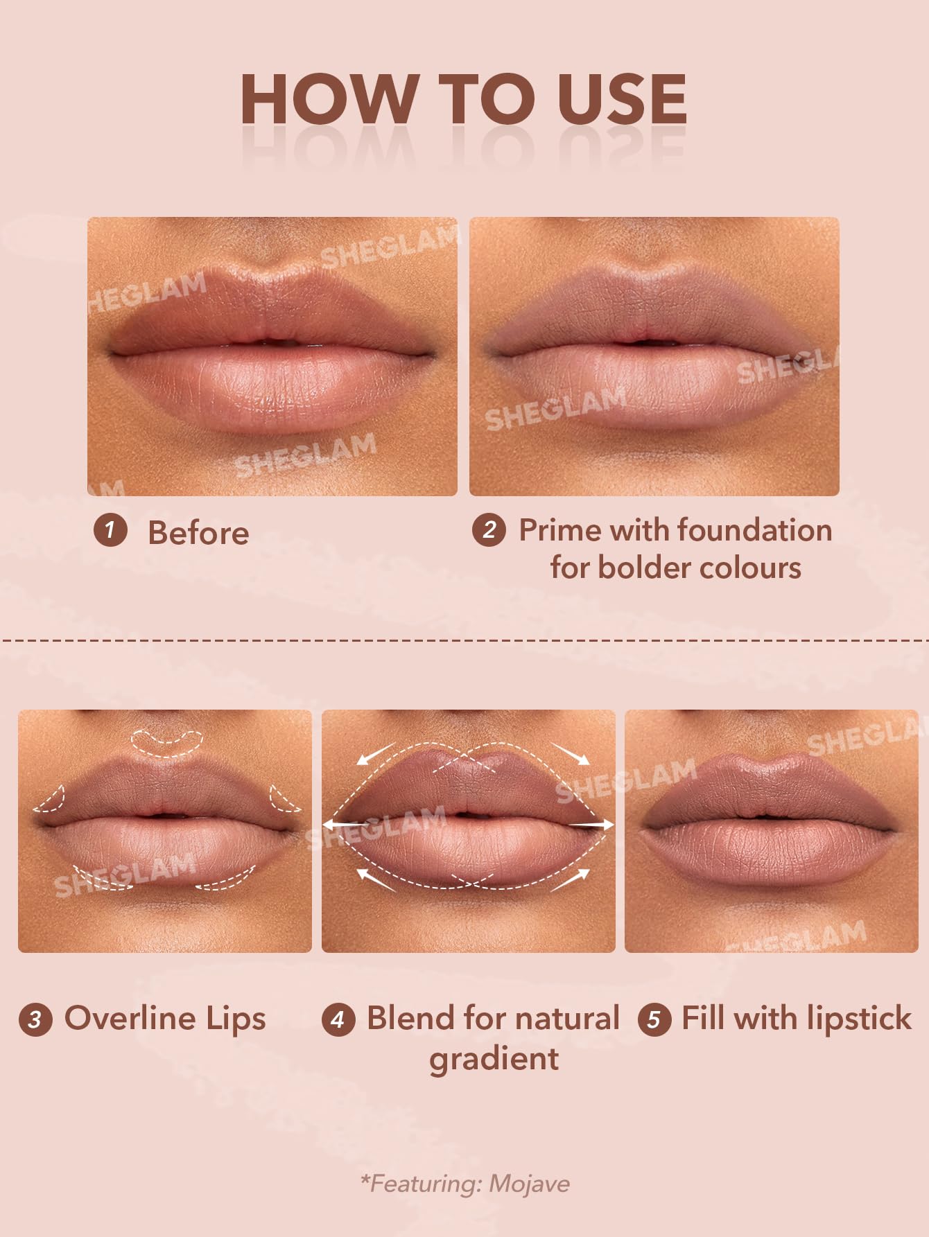 SHEGLAM delineador-labial-cremoso-mate textura mousse para deslizamiento suave.