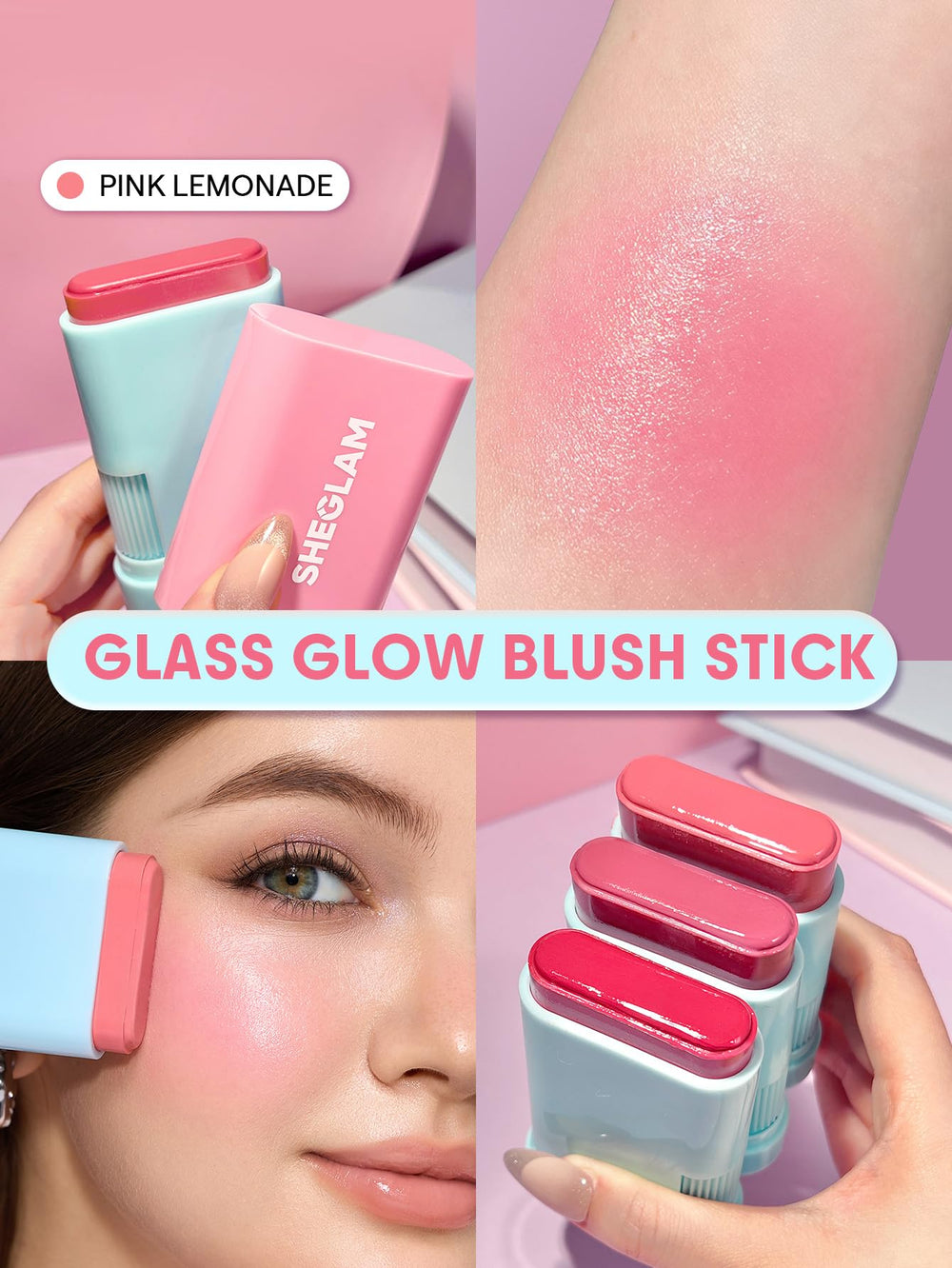 SHEGLAM Glow Blush Stick Rosa Limonada: tono con efecto húmedo para look fresco.