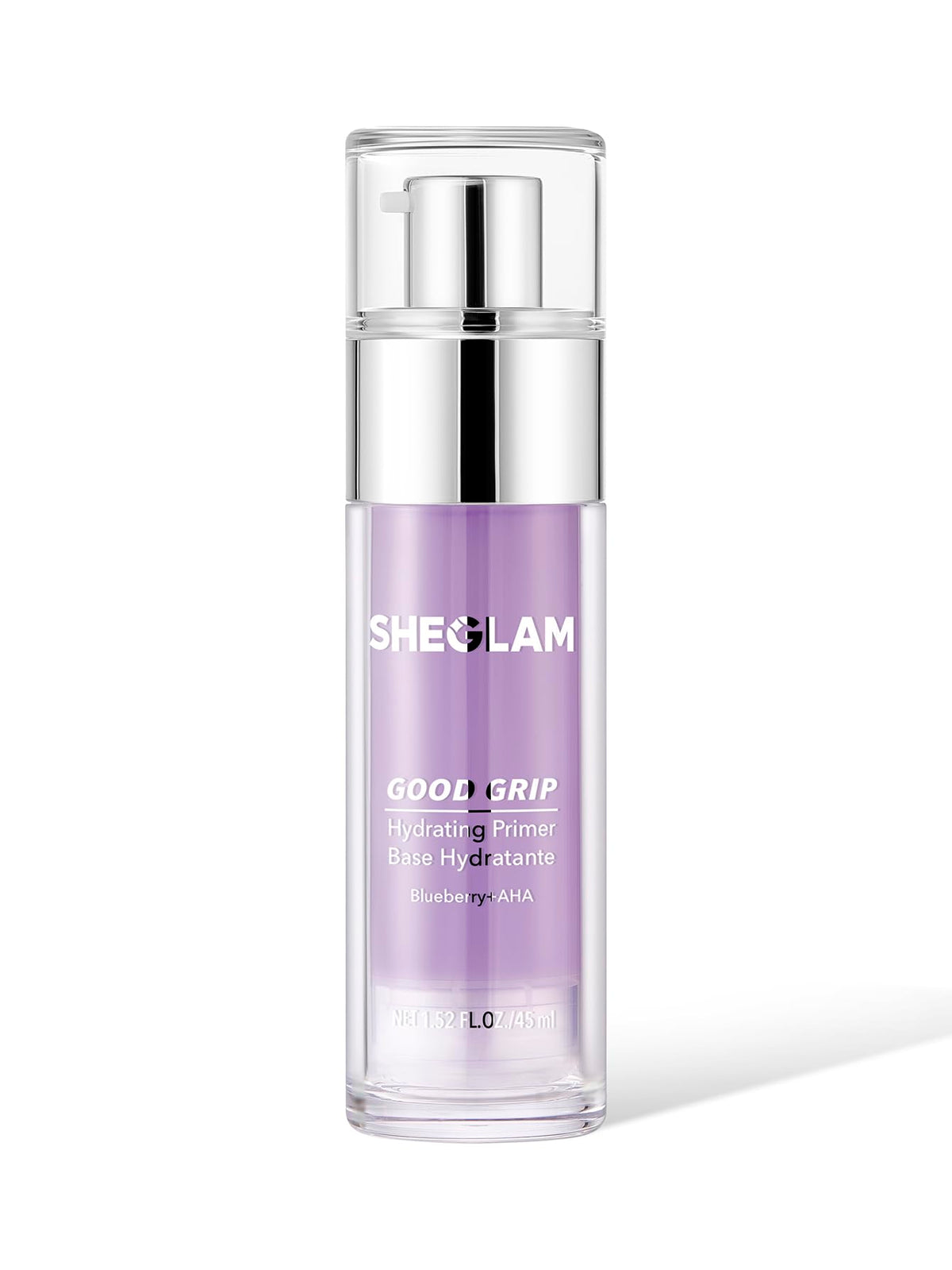 SHEGLAM Good Grip Primer Blueberry AHA bottle enhances hydration for a smoother makeup base.