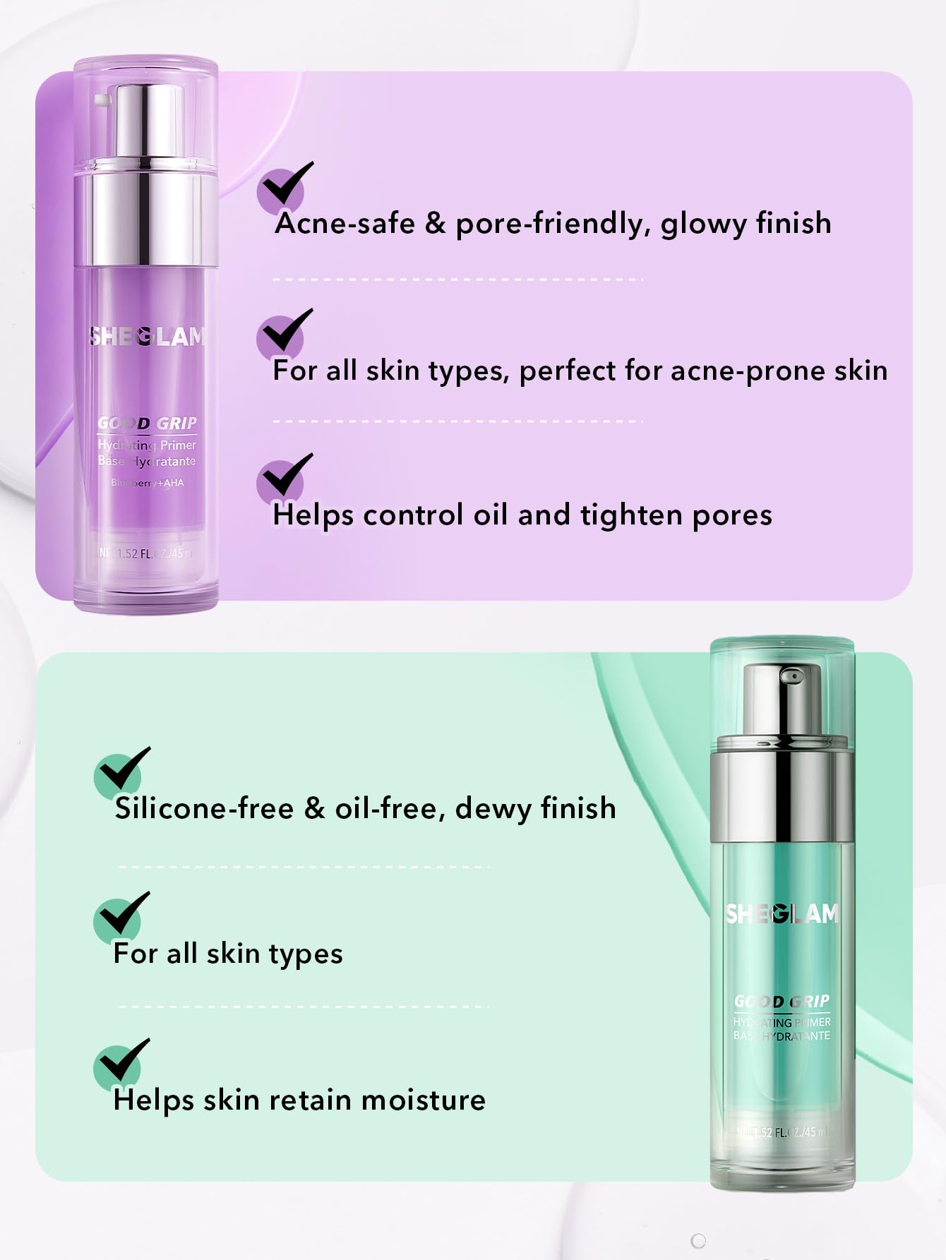 SHEGLAM Good Grip Primer Blueberry AHA offers gentle exfoliation synergy.