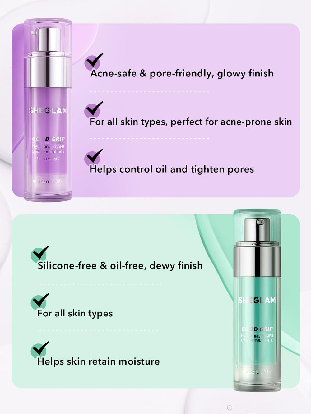 SHEGLAM Good Grip Primer Blueberry AHA offers gentle exfoliation synergy.