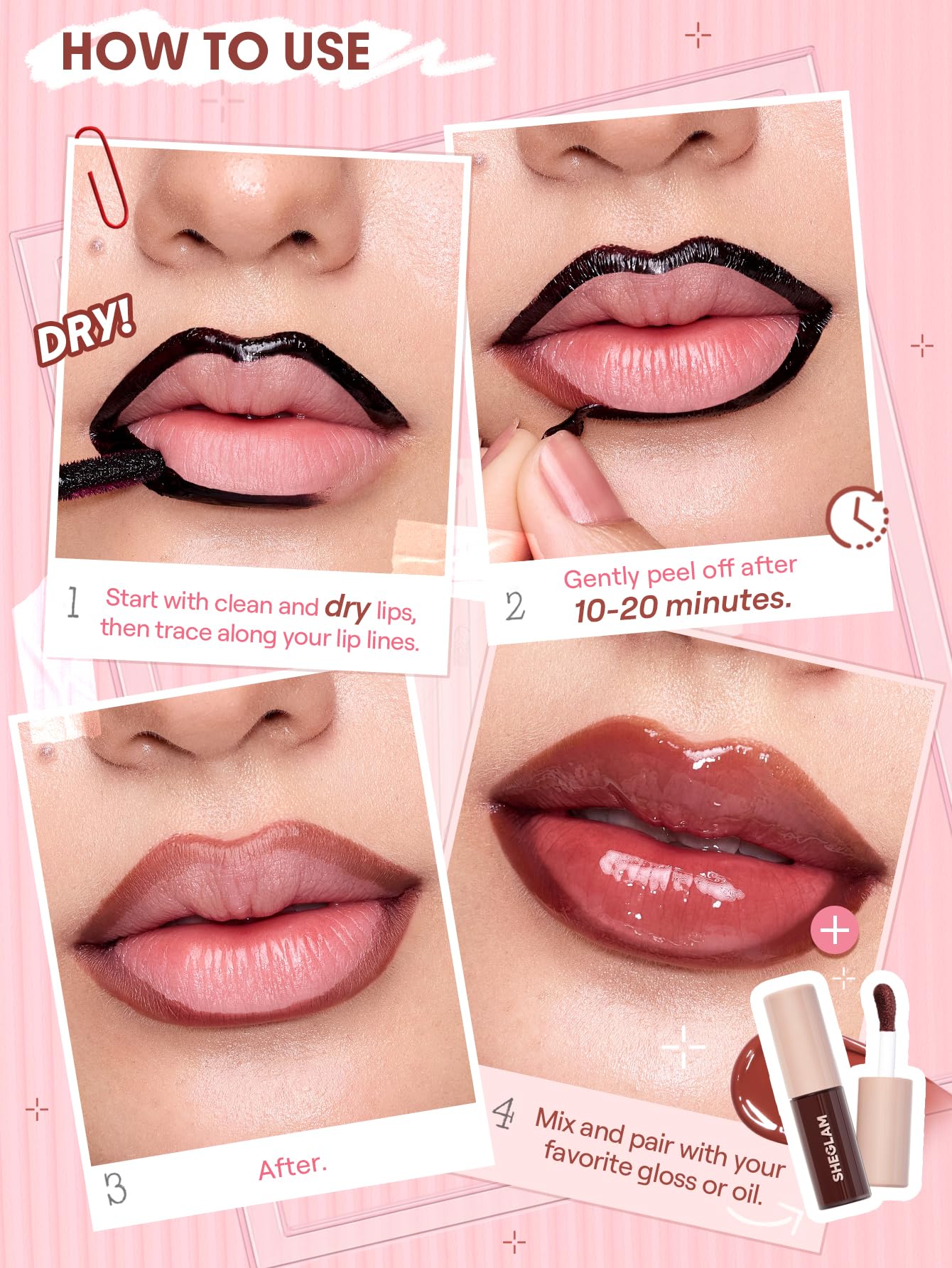 SHEGLAM Hyaluronic acid and vitamin E nourish lips during wear.