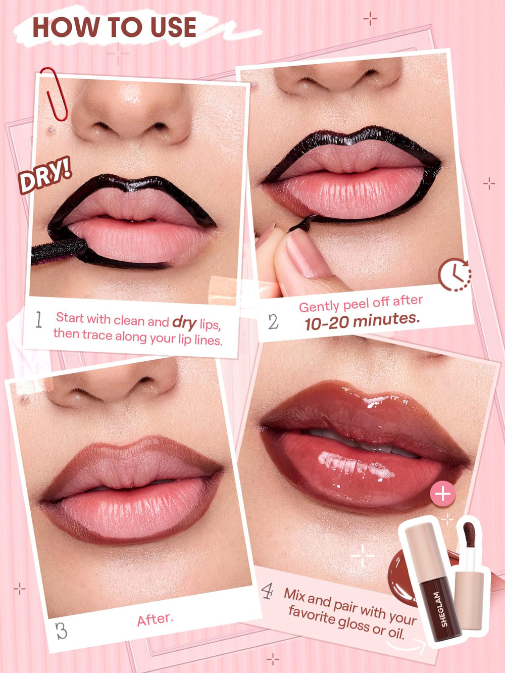 SHEGLAM Hyaluronic acid and vitamin E nourish lips during wear.