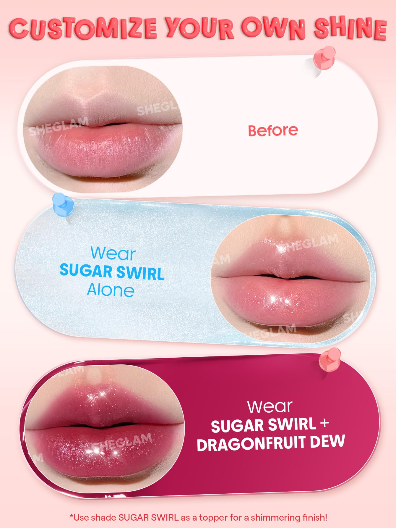 SHEGLAM Hydra Jelly Pocket Lip Jam on lips with natural sheen