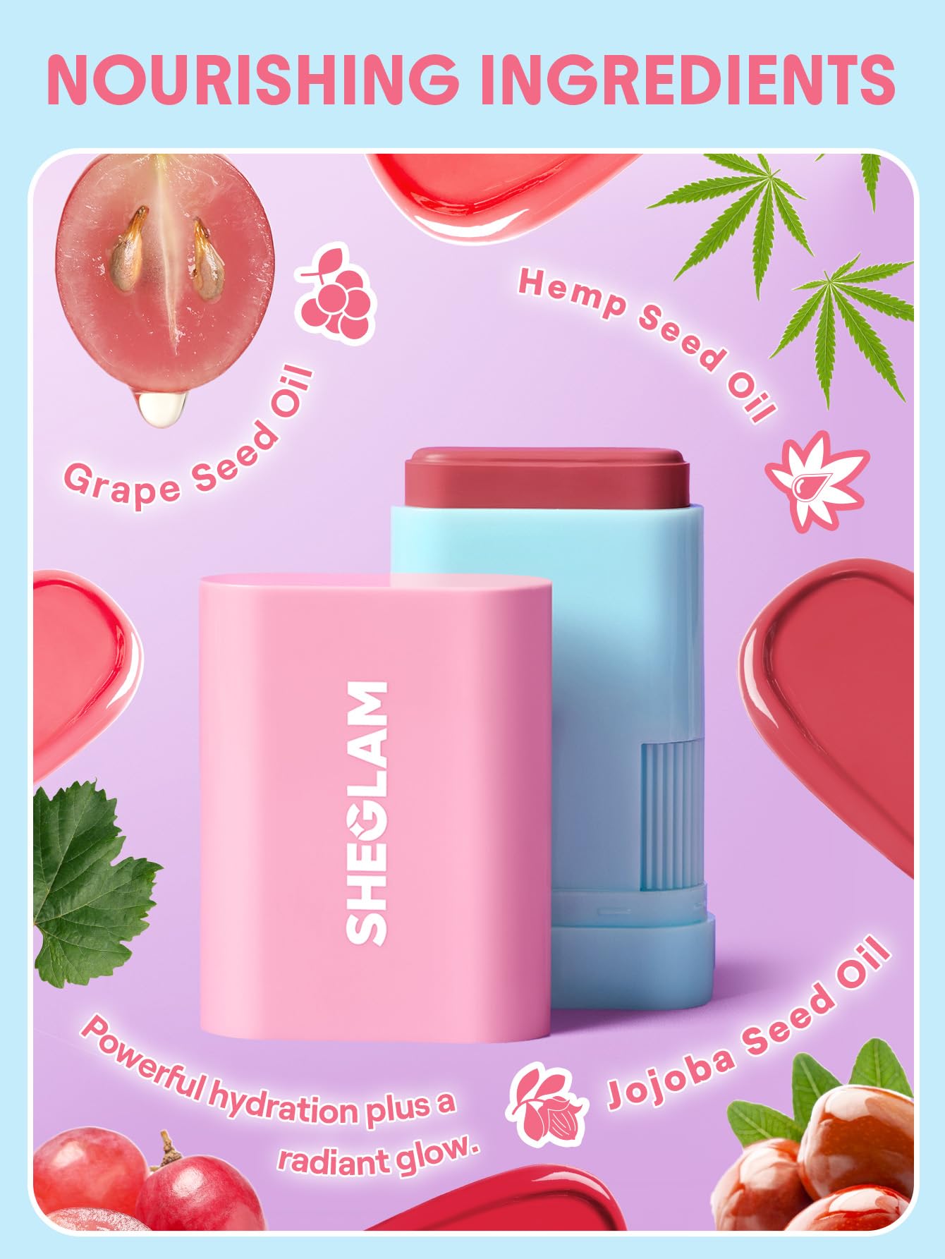 SHEGLAM ingredientes nutritivos escualano vitamina E para cuidado de la piel.
