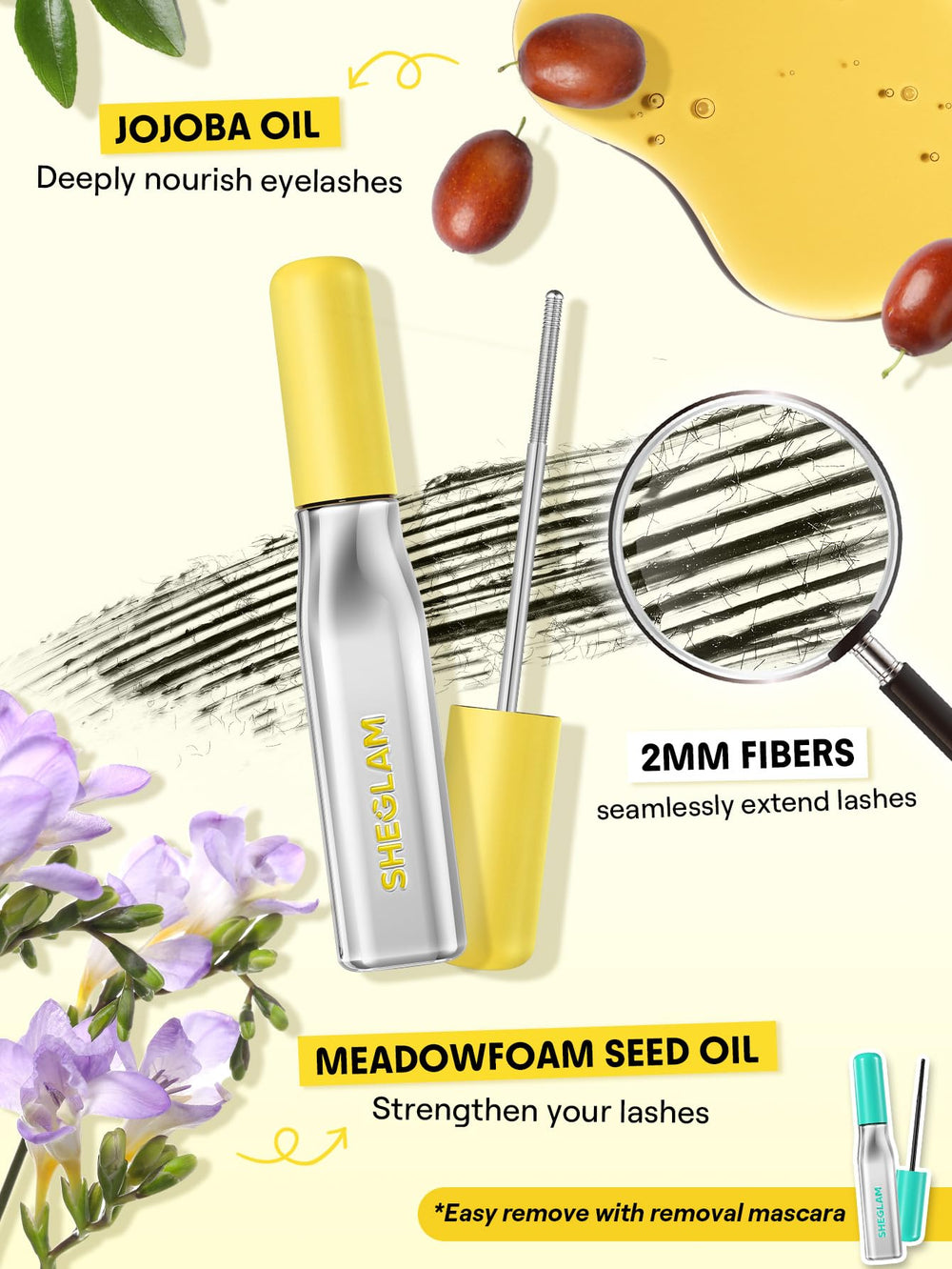 SHEGLAM Lashlighter Iron Curl Mascara packaging design highlights product features.
