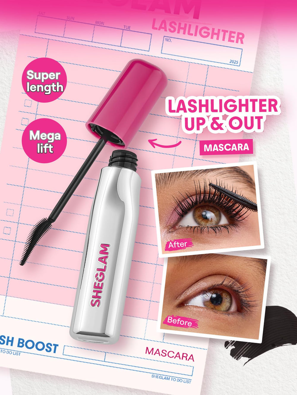 SHEGLAM Lashlighter lengthening-lifting formula creates a bright lash fan