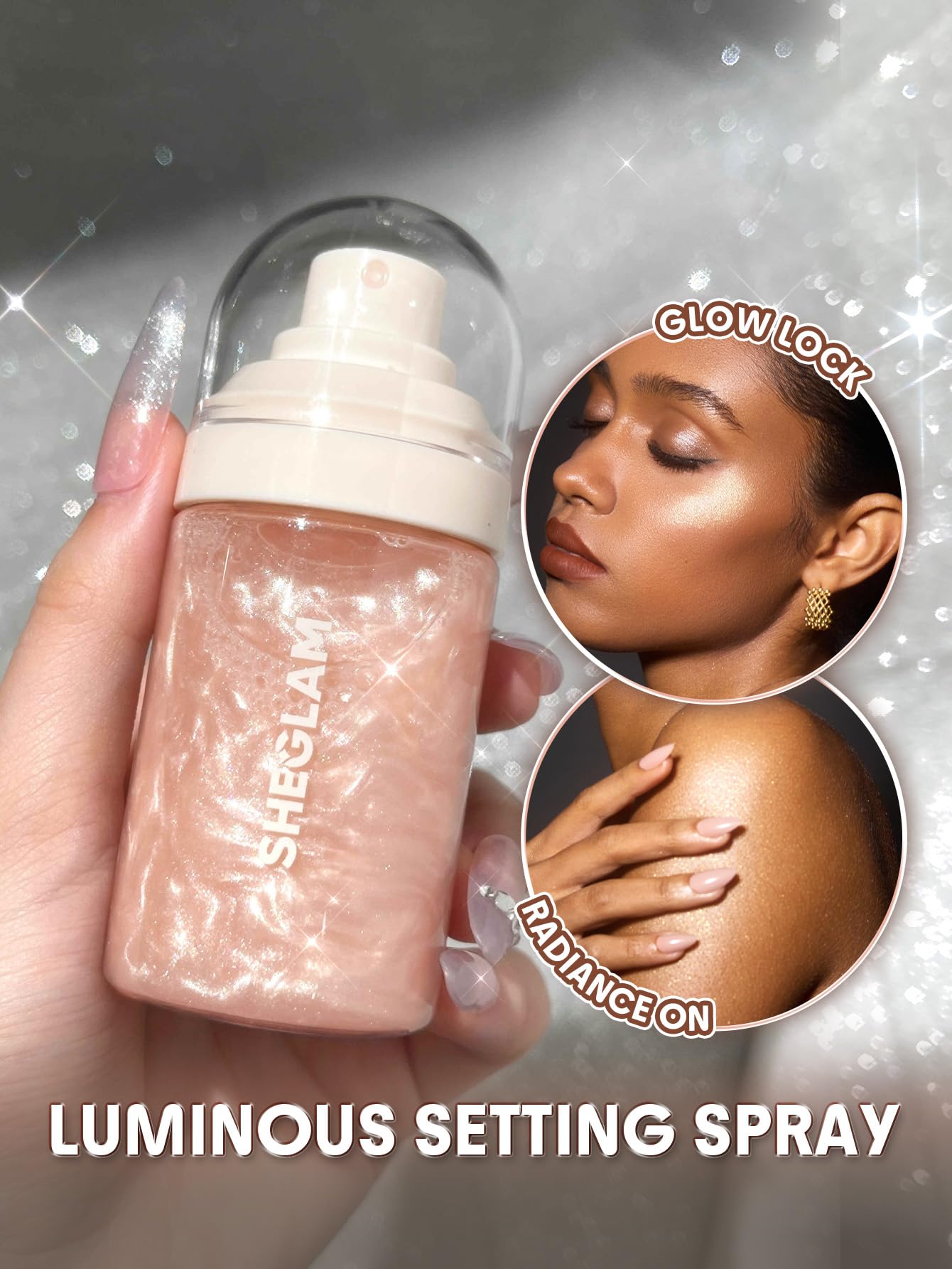 SHEGLAM Light Me Up close pearlescent-particles highlight on skin.