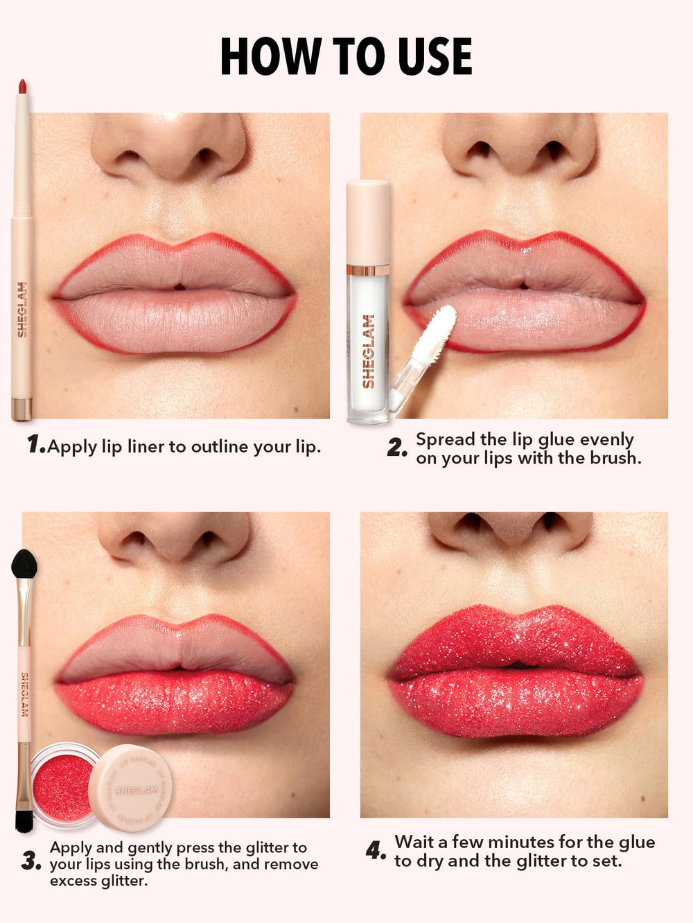 SHEGLAM Lip Dazzler applicator brush delivers precise glitter adhesion.