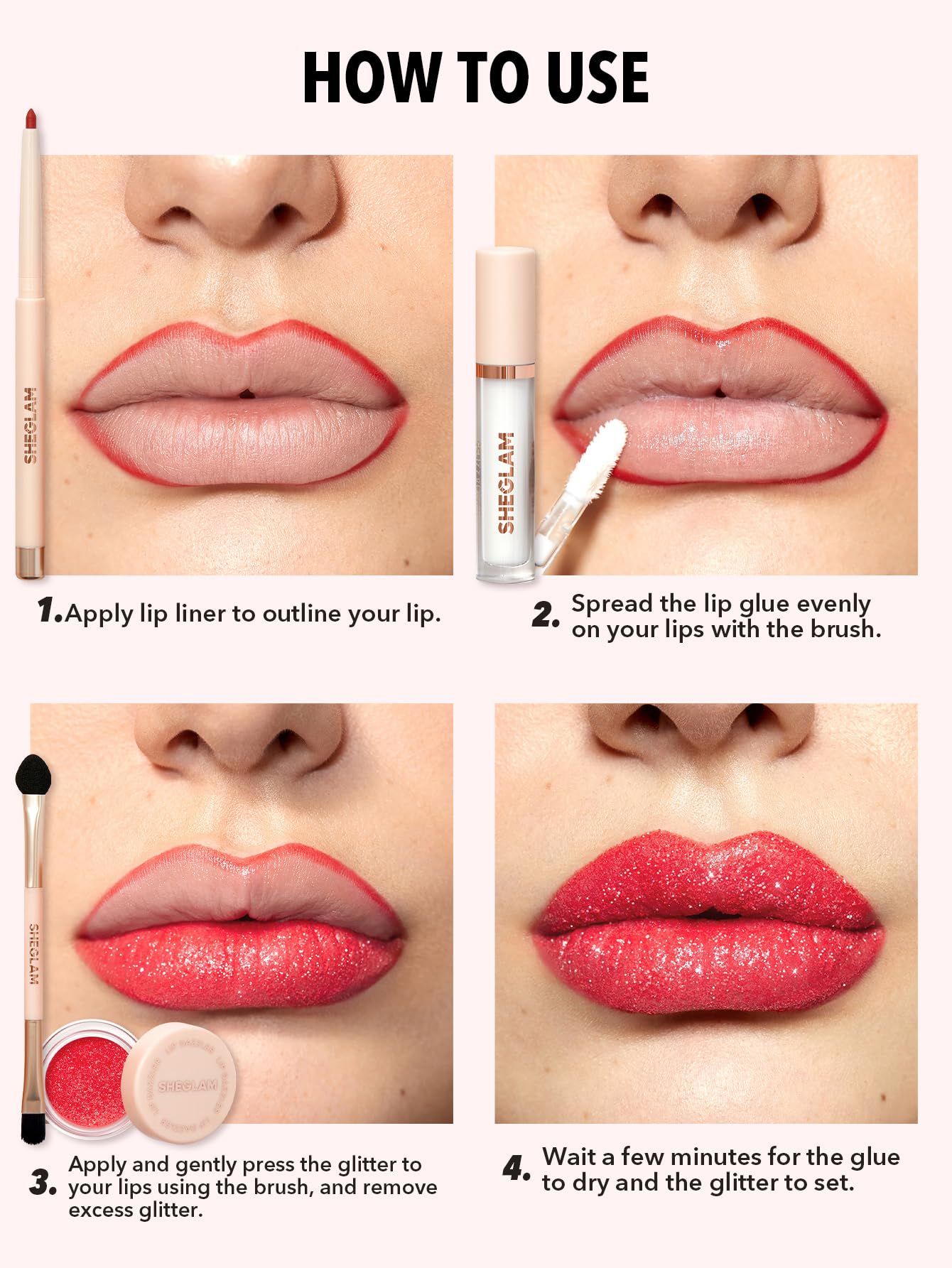 SHEGLAM Lip Dazzler Kit components laid out: adhesive, brush, glitter, liner.
