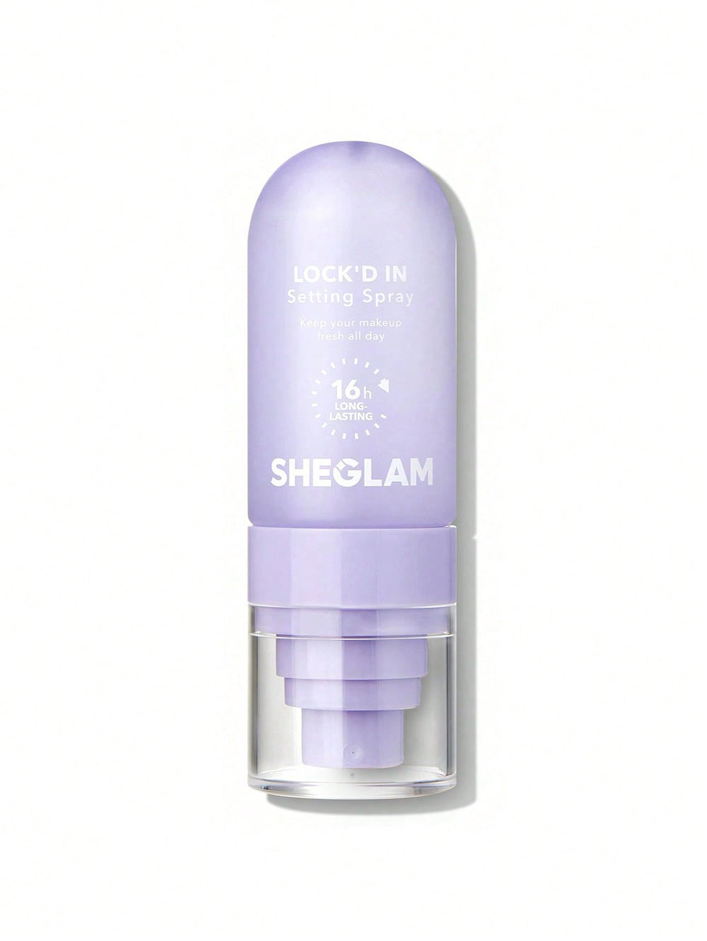SHEGLAM Lock'd In: botella frontal que muestra el fijador duradero.