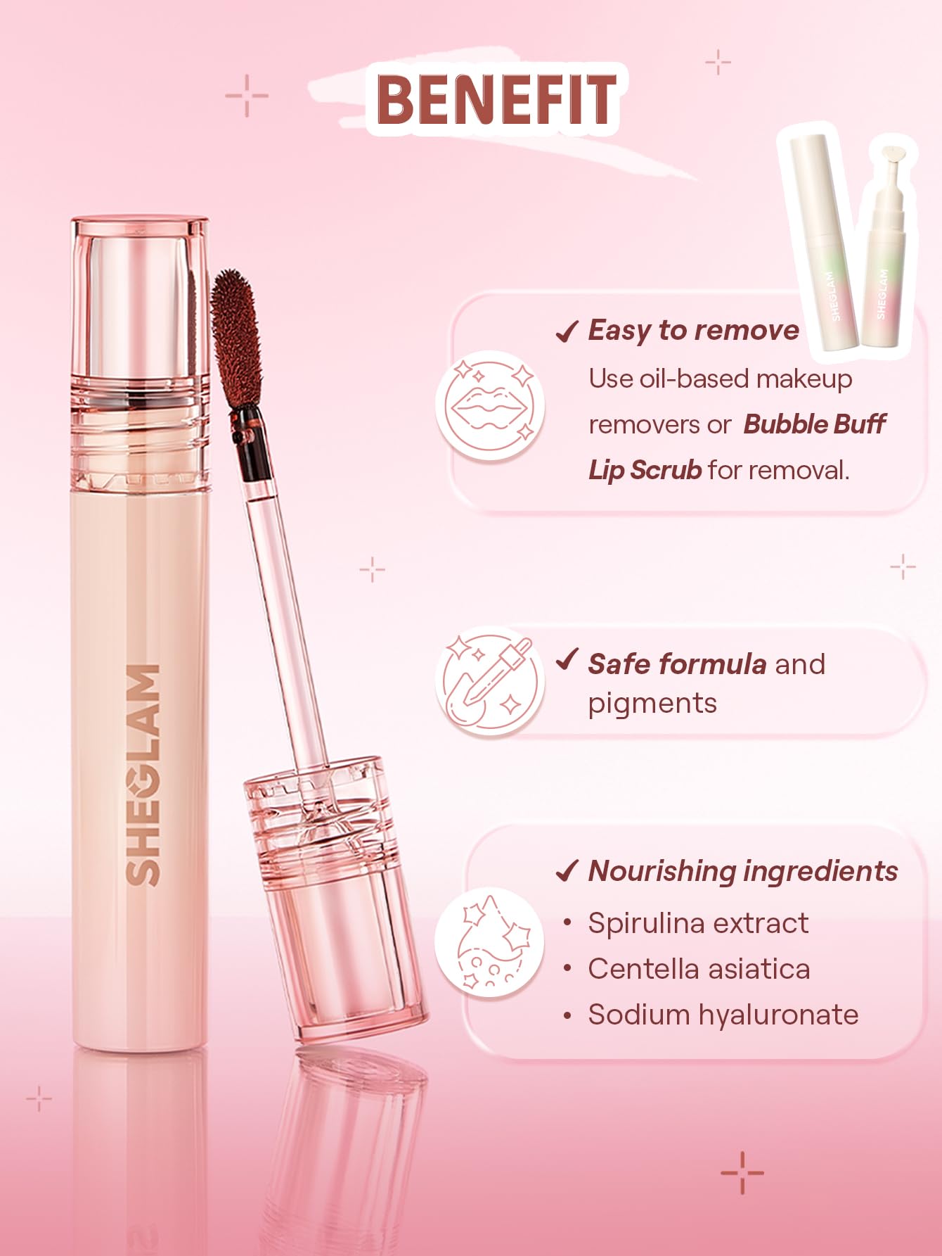SHEGLAM Long-Lasting Transfer-Proof Stain delivers vibrant color for hours.