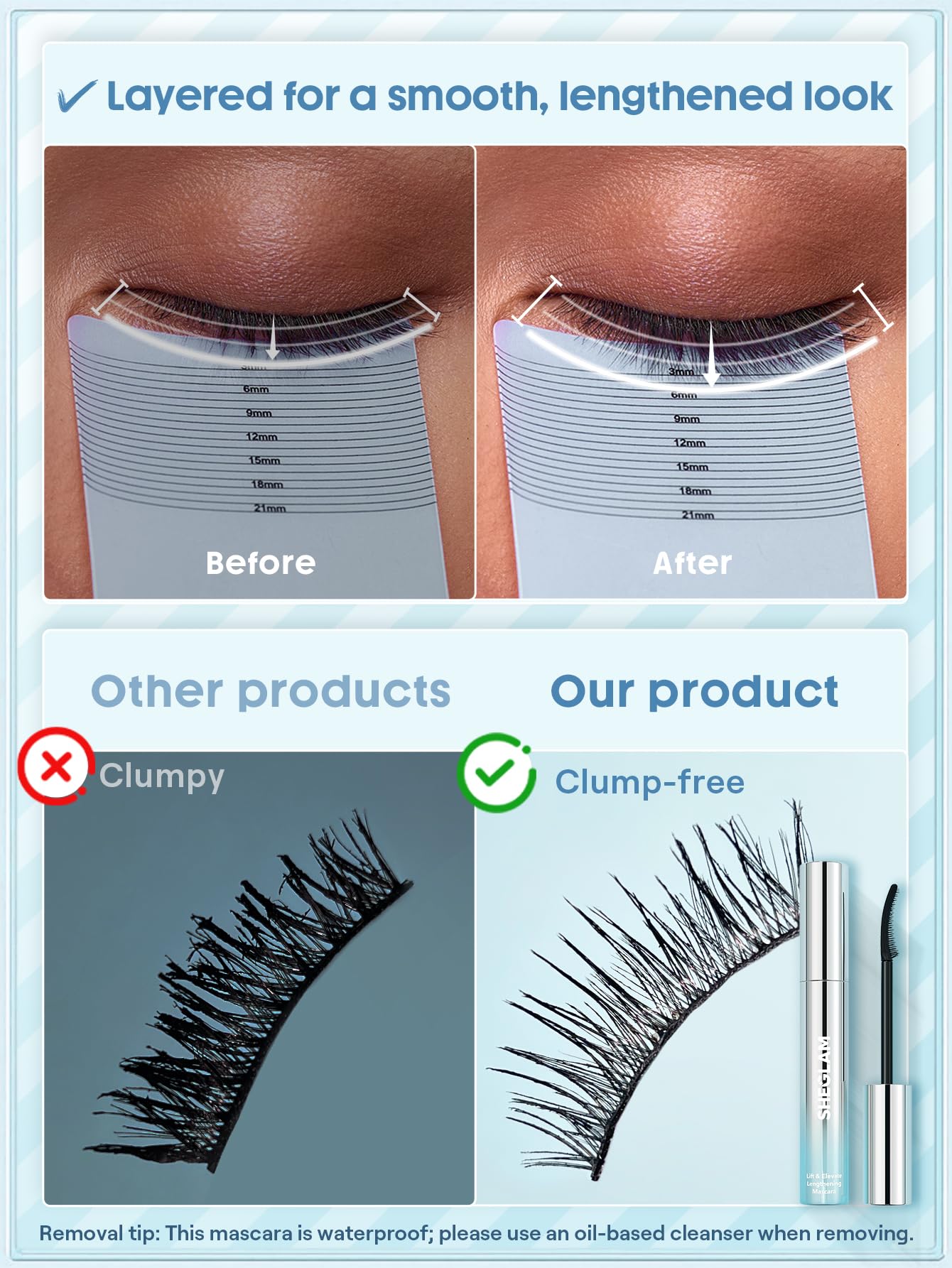 SHEGLAM mascara alargadora con cepillo curvo ofrece aplicación suave.