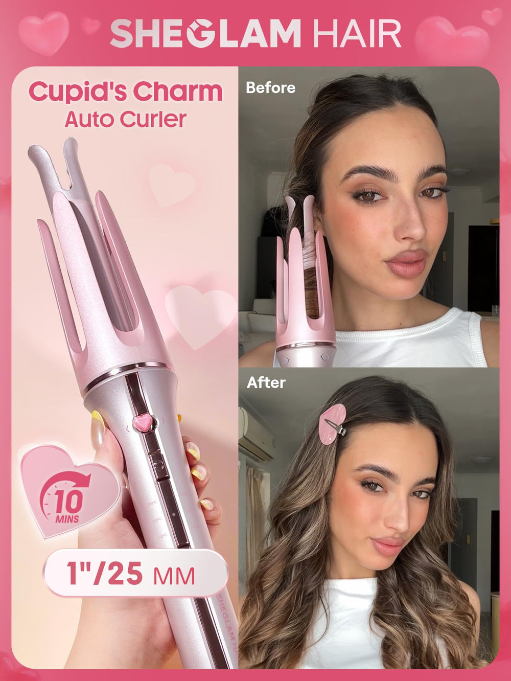 SHEGLAM pink curling iron 1 inch back view showing design and grip