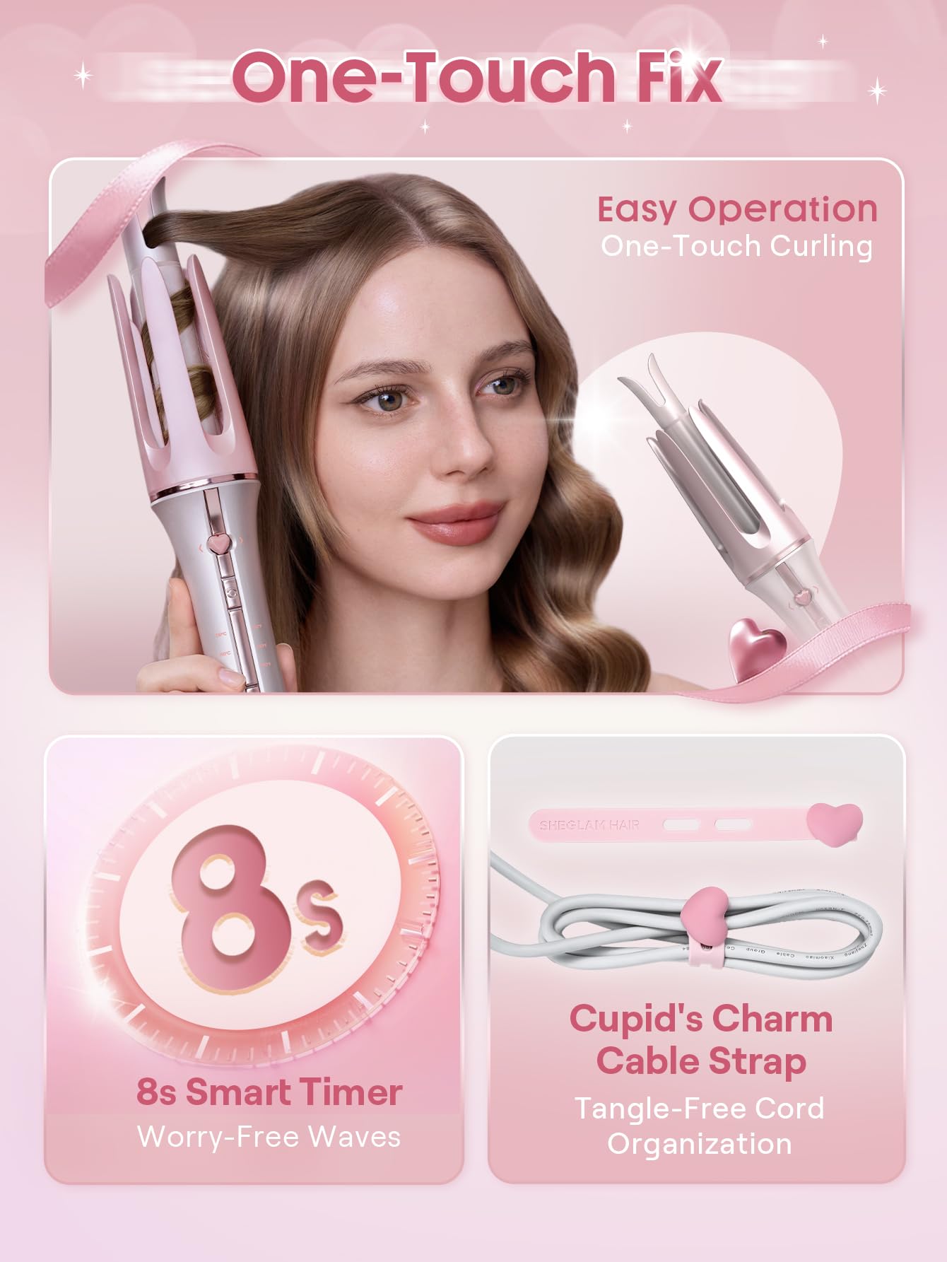 SHEGLAM pink styling wand in use demonstrates easy curling
