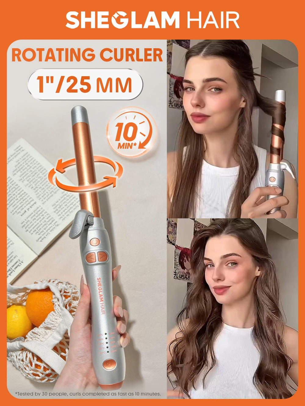 SHEGLAM rotating curling iron with a 1-inch barrel for precise, defined curls.