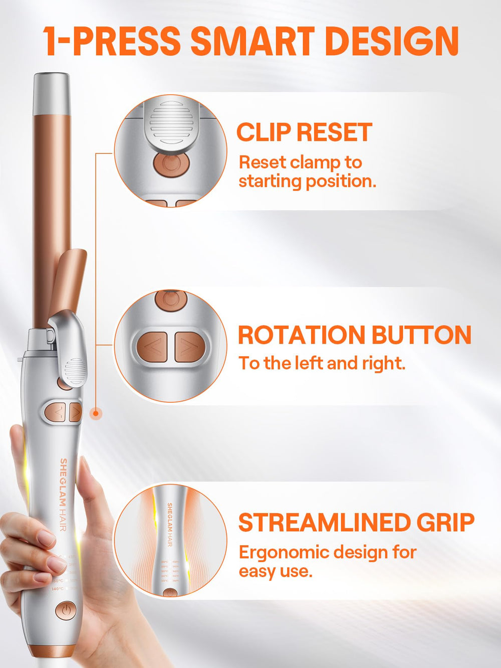 SHEGLAM curling iron with Home Button reset for safer use.