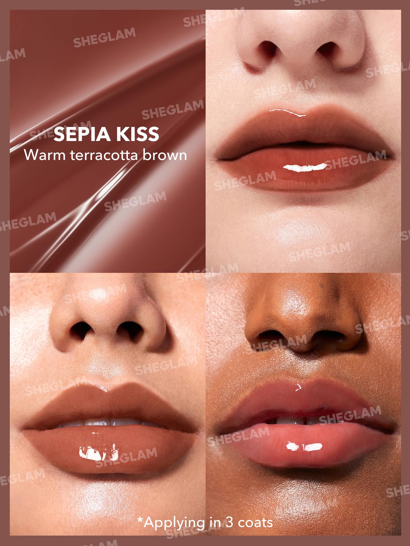 Sheglam Sepia Kiss texture close-up shows smooth, non-sticky glide.