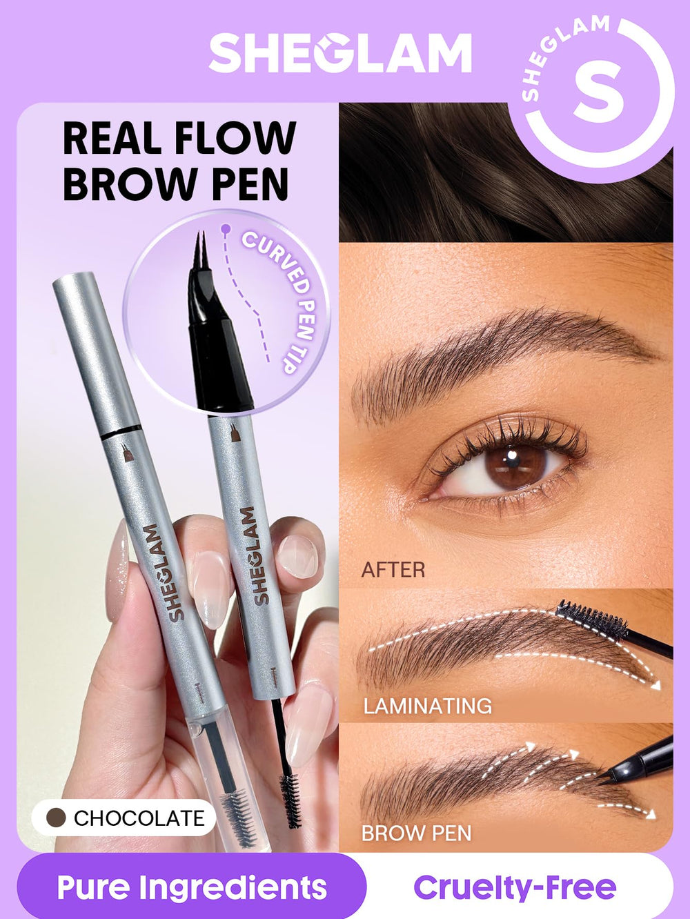 SHEGLAM Real Flow Brow Pen Chocolate closeup showing two-prong brush for natural strokes.