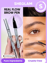 SHEGLAM Real Flow Brow Pen Chocolate closeup showing two-prong brush for natural strokes.