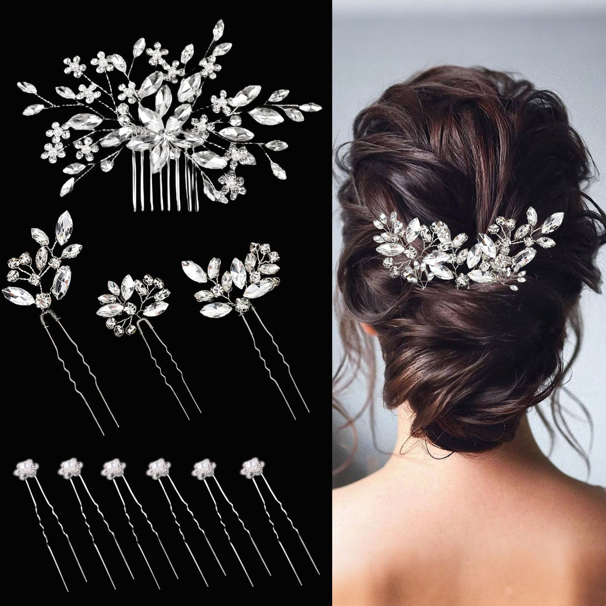 SHEHARUHI pin pelo cristal novia plata, brillo elegante para novia