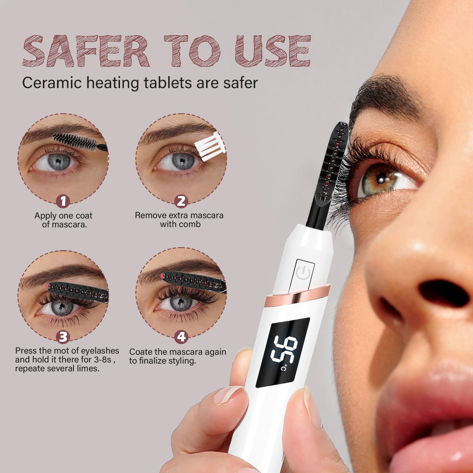 Thermochromic safety indicator on ShenlanBolt curler signaling ready temperature.