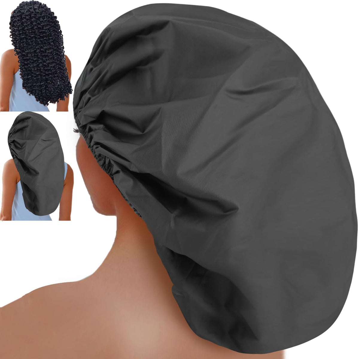 Sheomern shower cap with waterproof edge keeps hair dry during showering.