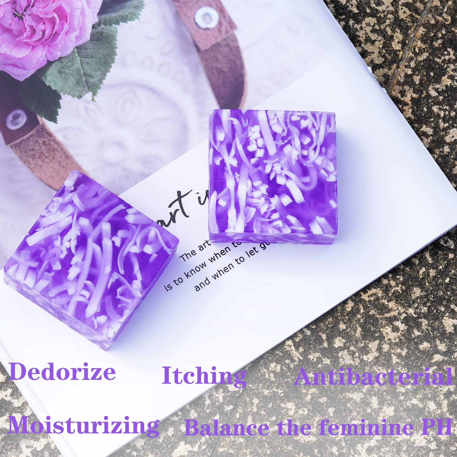Shibarcle yoni soap purple bar closeup highlights lavender and orange-scented ingredients.