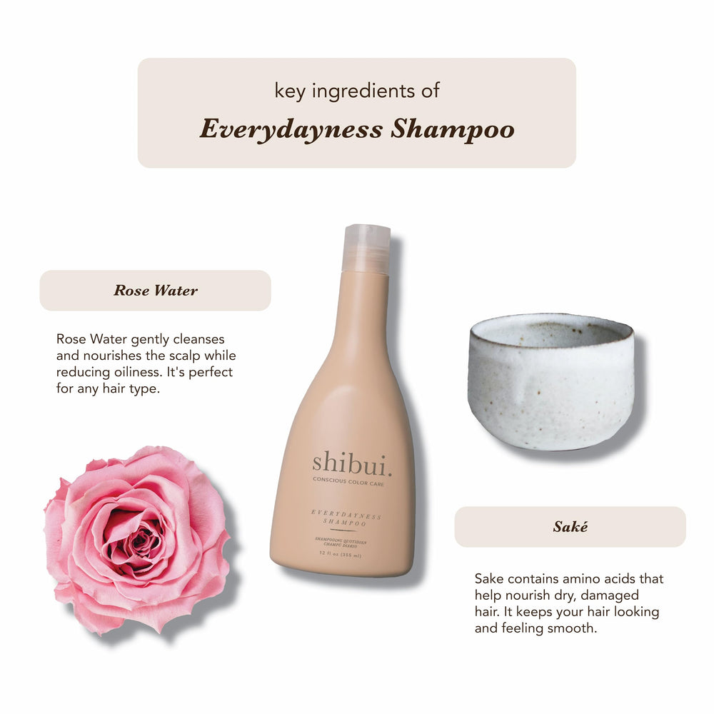 SHIBUI Everydayness Shampoo saké splash for smooth, luminous color.