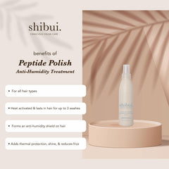 SHIBUI Peptide Polish mist being applied for smooth, protected hair.