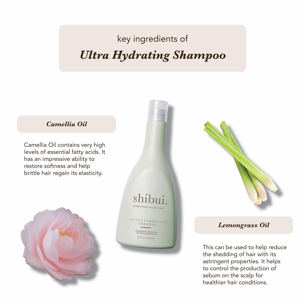 SHIBUI Ultra Hydrating Shampoo ingredients image features Camellia and Lemongrass oils for shine.