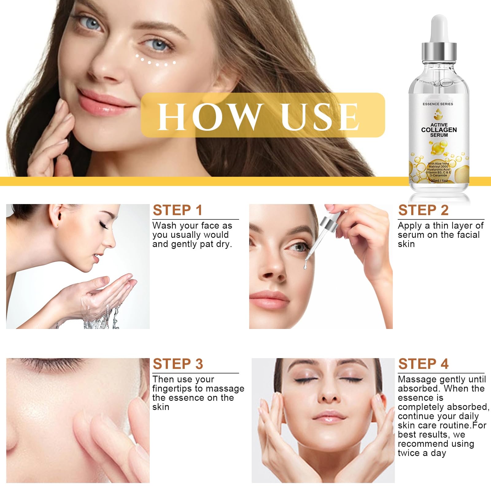 SHIFAKOU Active Collagen Serum eye-area use demonstrates gentle smoothing around eyes.