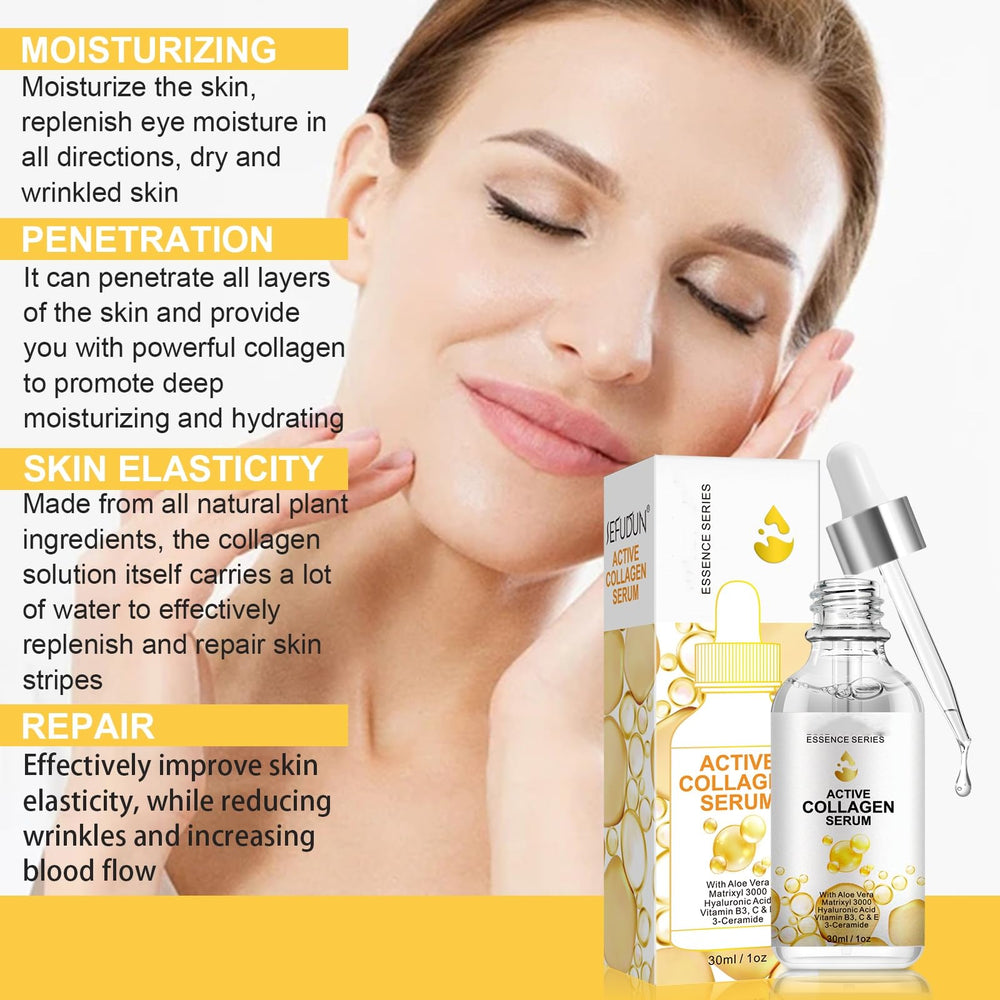 SHIFAKOU Active Collagen Serum hyaluronic acid visuals emphasize deep hydration and plump skin.