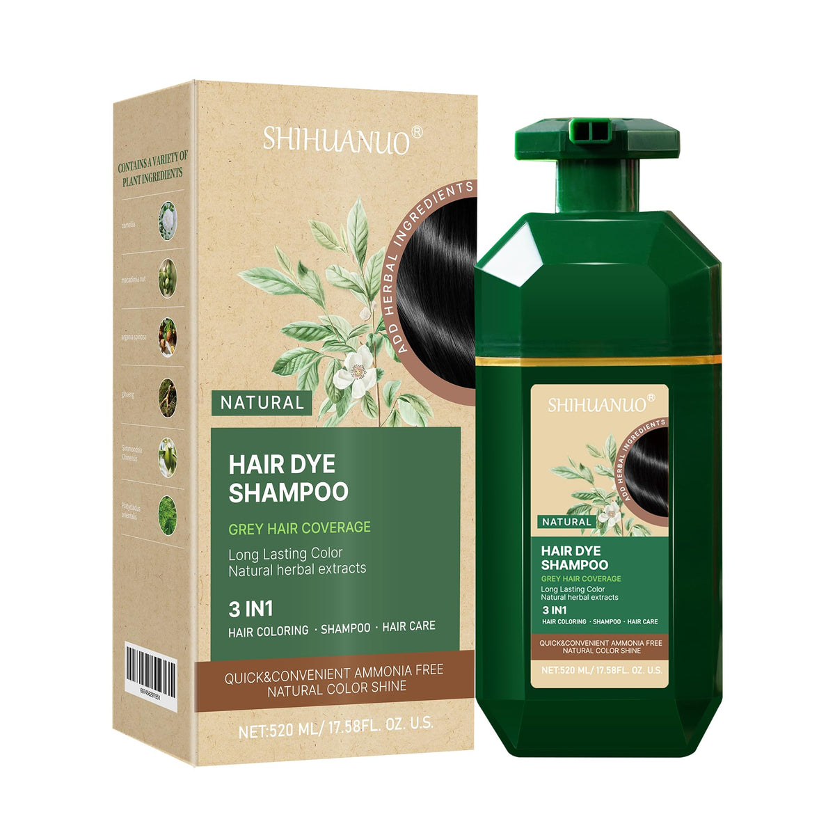SHIHUANUO champú tinturado negro, botella de 520 ml para uso diario y cobertura de canas.