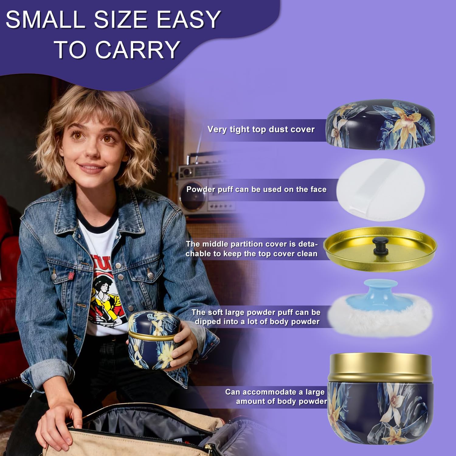 Small puff for delicate, even coverage on baby or sensitive skin.