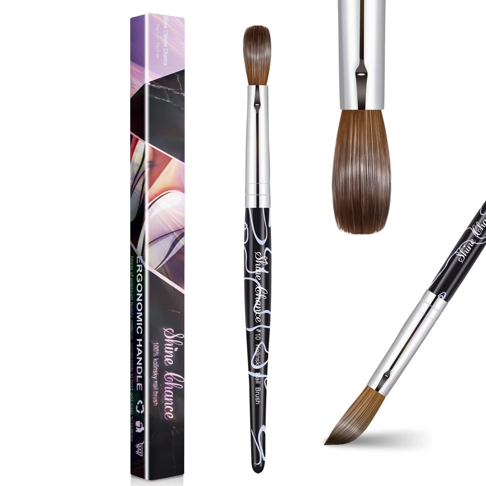 Shine Chance oval brush with pure Kolinsky hair for precise acrylic applications.