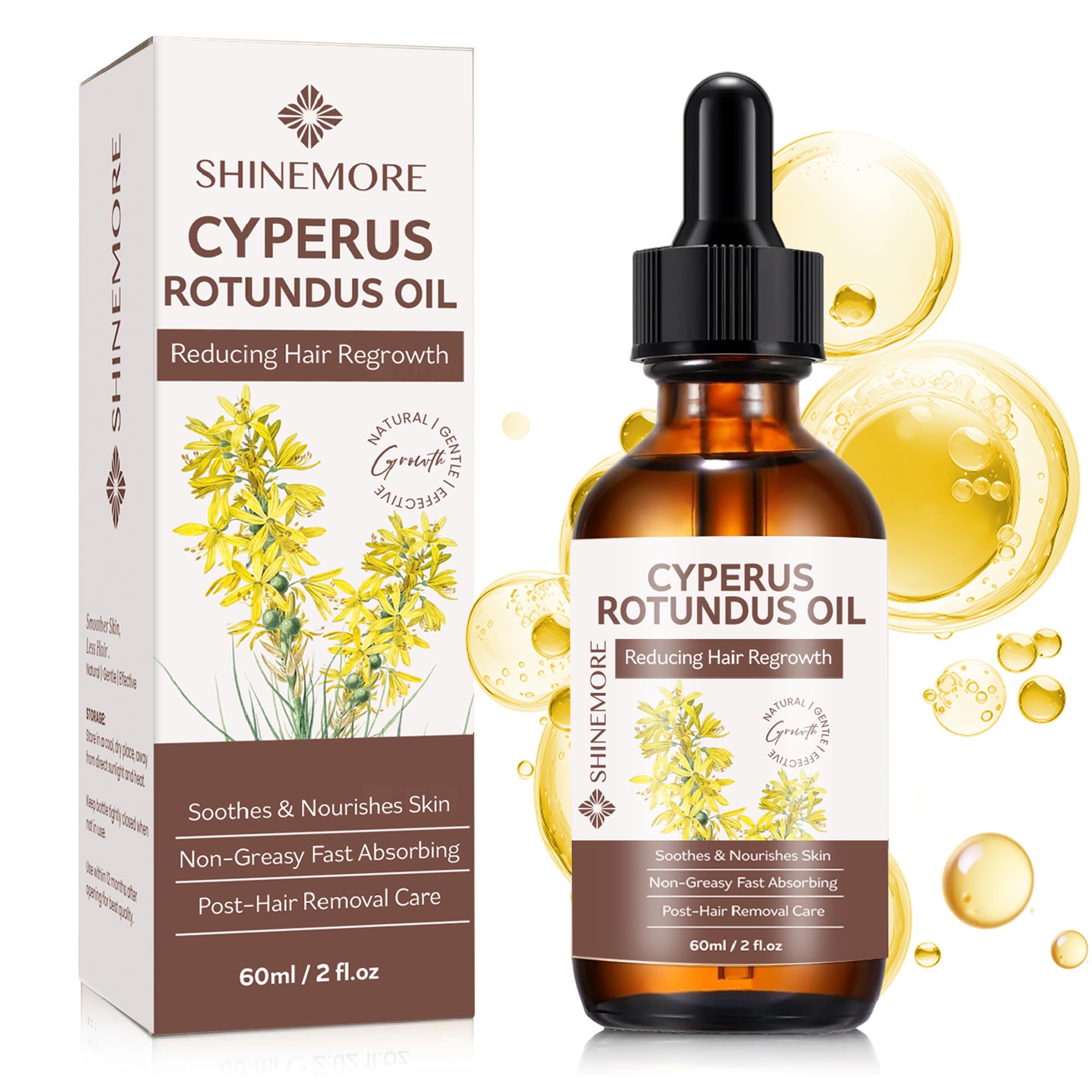 ShineMore Cyperus Rotundus Oil bottle for post-hair removal nourishment.