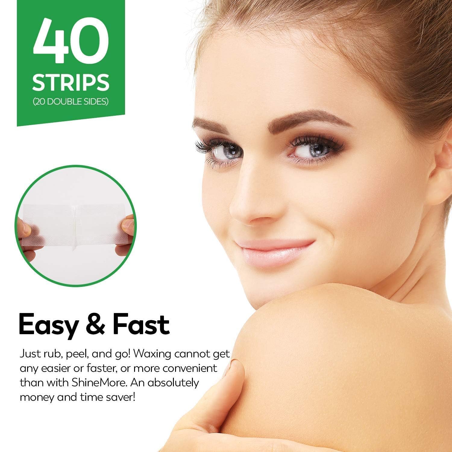 ShineMore wax strips on skin demonstrate quick, comfortable hair removal.