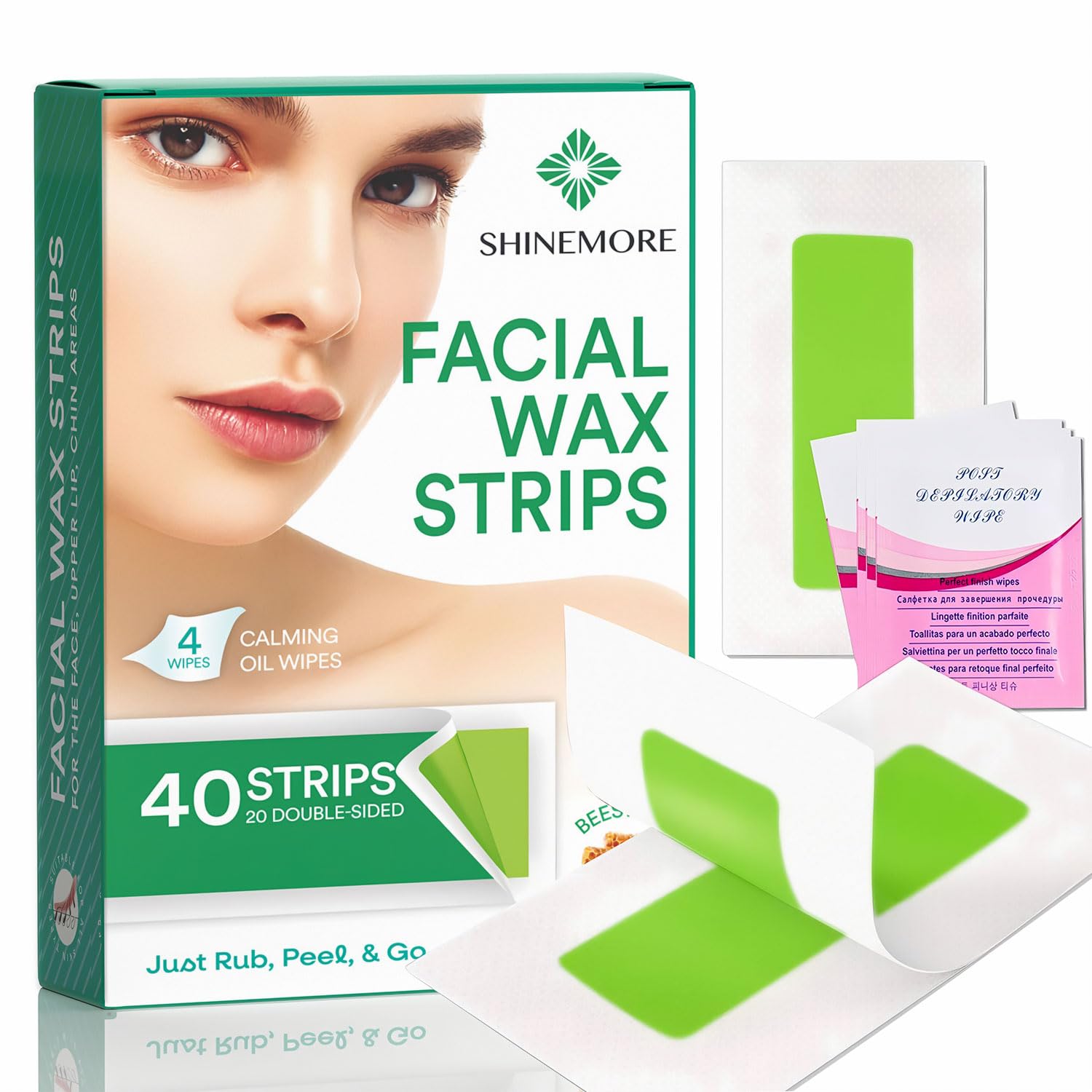 ShineMore facial wax strips packaging, an at-home kit for smooth results.